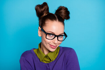 Fototapeta premium Close-up portrait of her she nice attractive smart clever foxy sly brown-haired girl schoolgirl isolated on bright vivid shine vibrant blue green teal turquoise color background
