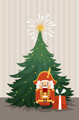 Home Christmas celebration. Illustration of the nutcracker and gift under the Christmas tree