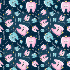 Seamless pattern of cute happy doodle cartoon pink and blue tooths with yellow crown in kawaii style isolated on dark background. Lettering love your teeth.