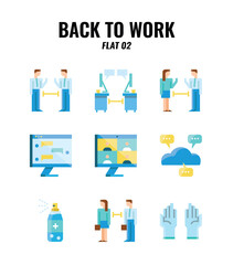 Flat icon set of back to work and social distancing concept. icons set2