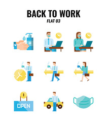 Flat icon set of back to work and social distancing concept. icons set3