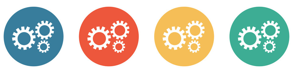 Bunter Banner mit 4 Buttons: Zahnräder, Produktion, Konfiguration