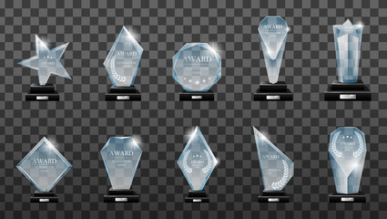 Winner glass trophy. Glass Trophy Award. First place award, crystal prize and signed acrylic trophies. - obrazy, fototapety, plakaty