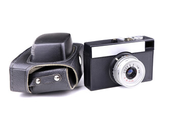 Vintage old photo camera and leather case isolated on a white background. Retro Photo camers Smena 8M made in USSR