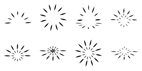 Set of black Sun stars burst sunburst sunlight flower plants circle radial icons decoration, abstract backgrounds texture wallpaper vector illustration graphic design 