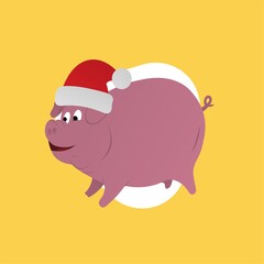 Illustration of Pig Opened its Mouth While Wearing the Santa Hat  Cartoon, Cute Funny Character, Flat Design