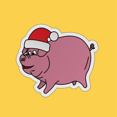Sticker of Pig Opened its Mouth While Wearing the Santa Hat  Cartoon, Cute Funny Character, Flat Design