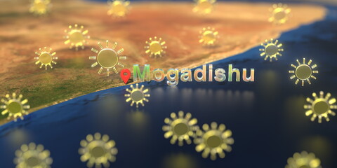 Sunny weather icons near Mogadishu city on the map, weather forecast related 3D rendering