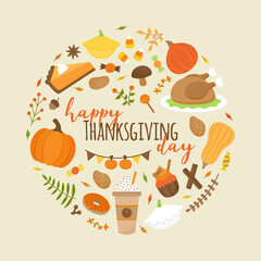 Happy Thanksgiving day vector round illustration graphic. Autumn thanksgiving greeting card design. Food and plant icons in circle around writing. Isolated on beige background.