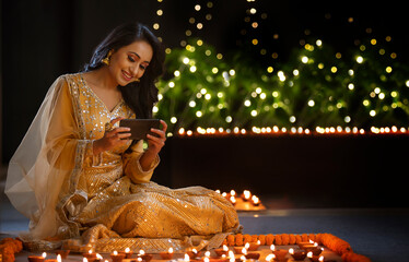 Woman clicking a picture of the decoration  on her phone	