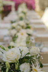 Dining table decoration. Dining table decoration in the garden. Invitation dinner, wedding dinner, engagement dinner