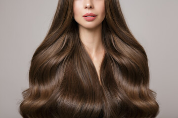 Brunette woman hair. Large curls