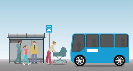 Waitning for the bus at the public bus stop. A little girl waving to the arriving bus. A mother with a baby stroller.  Business woman and a man waiting for the shuttle bus.