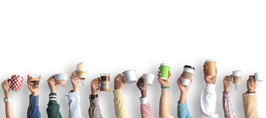 People are holding mugs and paper cups of coffee. Concept on the theme of cafes and coffee.