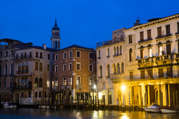 Night city lights of beautiful Venice, Italy, during the rain