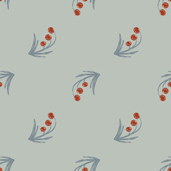 Seamless pale pattern with grey colored floral berry. Red forest decoration elements artwork. Cartoon botanic print.