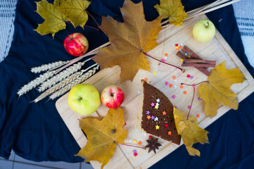 Autumn still life with a cupcake and apples, top view
