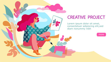 A girl draws in nature. Vector illustration for the web page of the creative studio