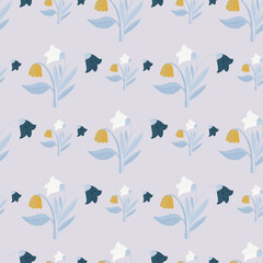 Naklejka na ściany i meble Seamless nature pattern with forest flowers. Botanic village bouquet with yellow, blue and orange buds on light background.