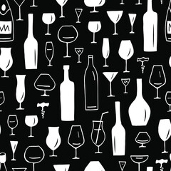 Black  background with stylized alcohol bottles and wine glasses.  Seamless pattern. 