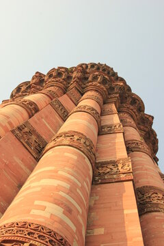 Low angle view of Mughal architecture of Qutub Minar in Mehrauli, New Delhi