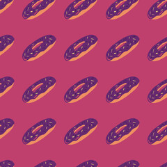 Delicious seamless pattern with purple colored donuts elements. Pink background. Tasty food backdrop.