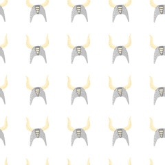 Seamless isolated pattern with ancient viking helmet elements. Cartoon repeat swedish armor elements in pastel tones on white background.