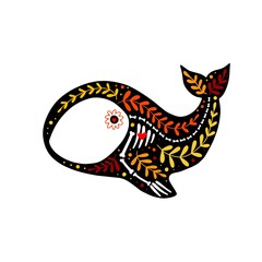 Vector colorful postcard. Dia de los Muertos, Day of the dead or Halloween concept. Whale skeleton with floral design, isolated on white background