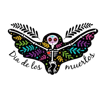 Vector colorful postcard. Dia de los Muertos, Day of the dead or Halloween concept. Owl skeleton with floral design, isolated on white background