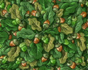 Seamless pattern with oak leaves and acorns