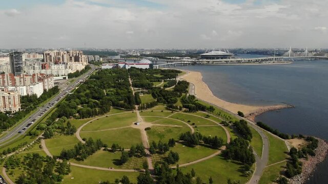 August 2020, Saint-Petersburg, Russia: Park of 300 Years with Krestovsky Stadium