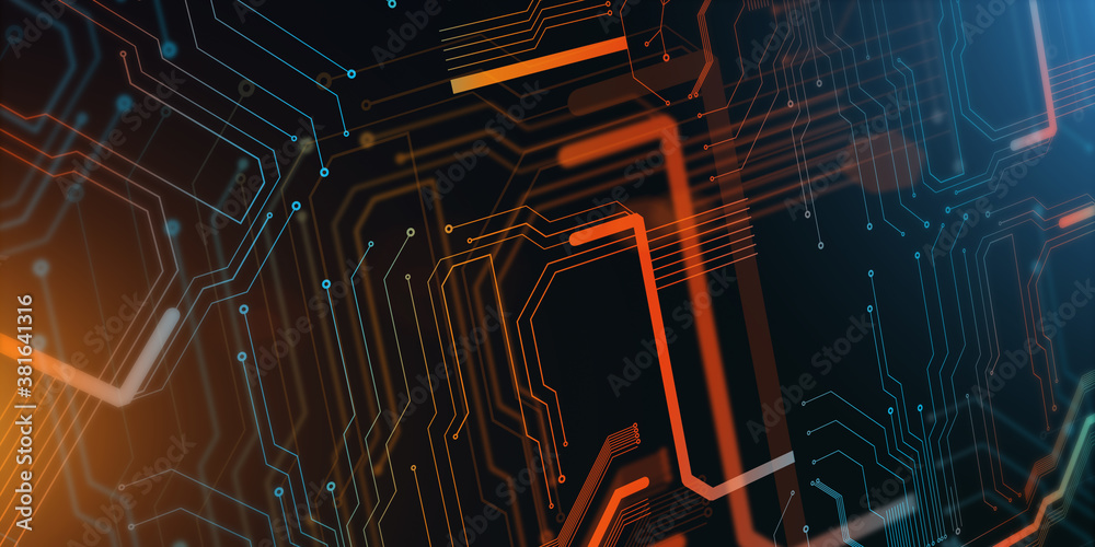 Fototapete abstract technological background with colorful microcircuit lines and dots, creative futuristic ill