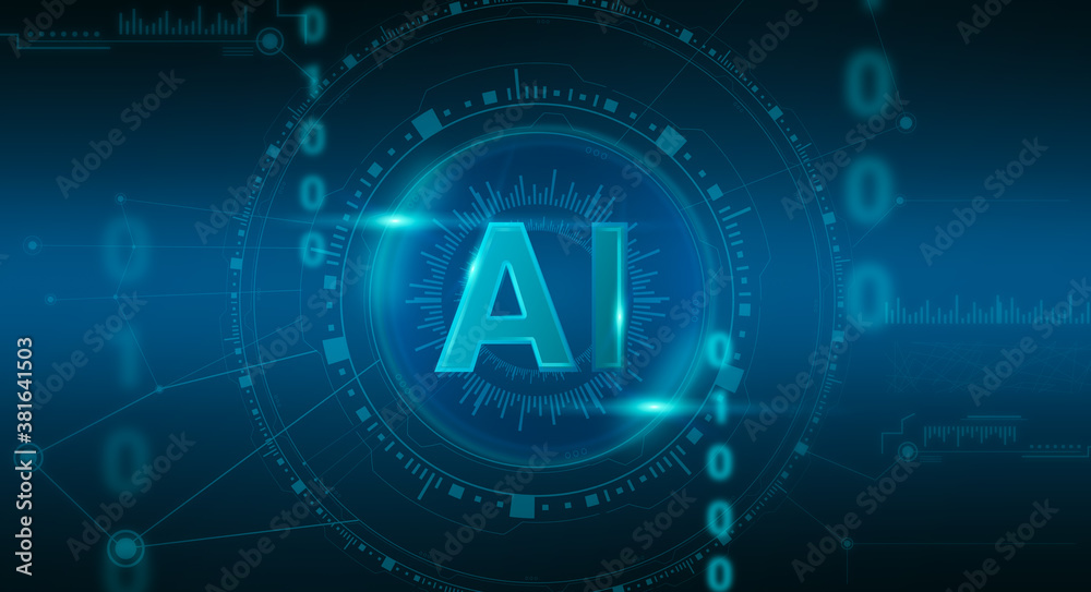 Poster Machine Learning. Abstract Illustration Of Artificial Intelligence AI Logo Over Digital Interface