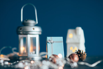 Snowy Christmas decoration home setting. 