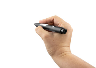 Black marker in a hand. Isolated on white background. Whiteboard drawing mockup