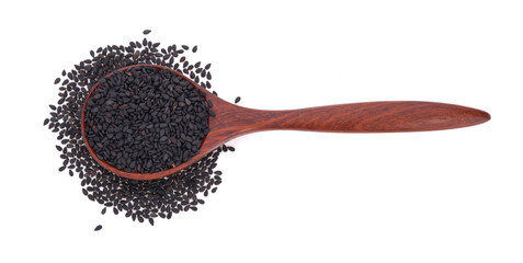  Black sesame in wooden spoon isolated on white background.