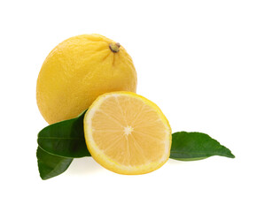 Lemons with leaves on a white background.