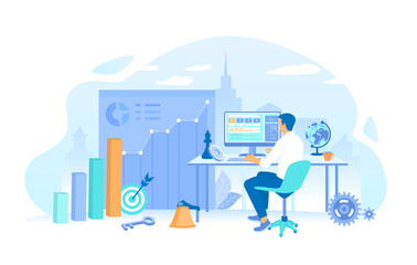 Fototapeta na wymiar SEO manager search, analyzes and selects keywords, optimizes content. SEO management, keywording, content marketing, site analytics. Working process. Isometric vector illustration for banner, website.