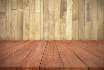 Old wood plank wall texture and brown wooden floors for decoration background or backdrop.