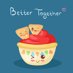 Kawaii stock vector illustration with cute Chili Bowl & nachos. Cute funny & happy food characters. Traditional Mexican spicy food. Smiling comic chili peppers sauce with lettering. Kids menu design.