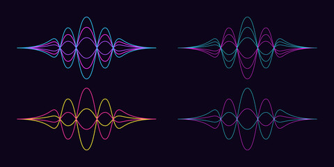 Sound wave shape. Set of abstract audio wave, acoustic line waveform. Soundwave vibration