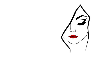 Beauty black and white silhouette, face of woman with red lips. Line art, female face with eyes down. Beauty salon icon. Concept of beuty, femininity