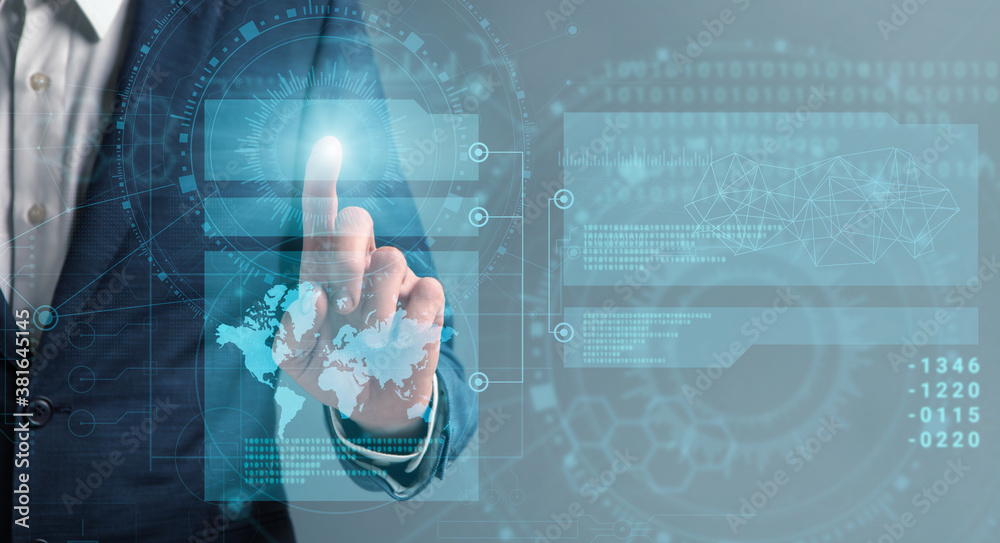 Poster Modern Technologies For Business. Unrecognizable businessman pushing button on virtual infographic screen
