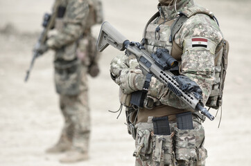 Soldiers with machine gun and flag of Egypt on military uniform. Collage.