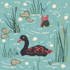 Duck Bird Seamless Pattern. Ducks on the lake.