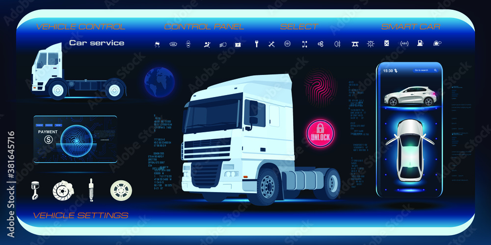 Poster setting up the parameters of the electronics car devices on holographic touch panel with elements of