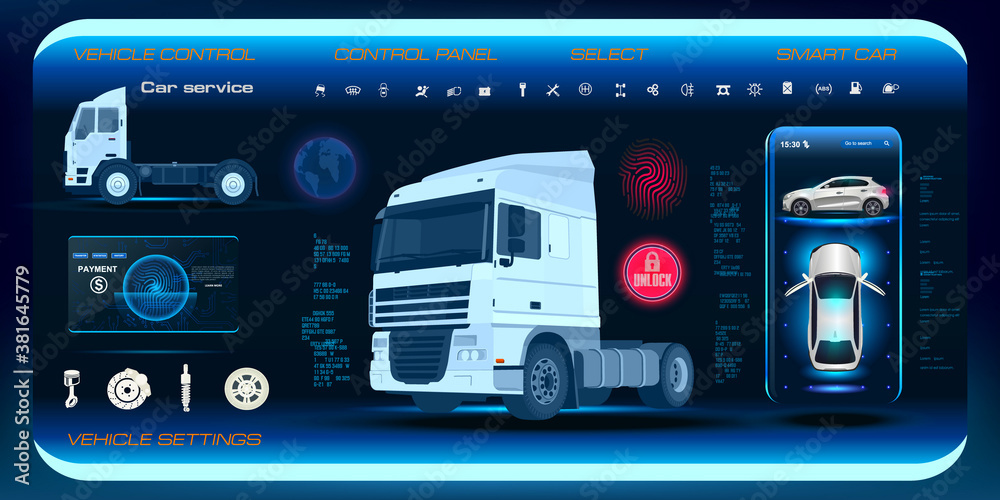 Poster setting up the parameters of the electronics car devices on holographic touch panel with elements of
