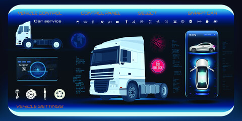 Obraz premium Setting up the parameters of the electronics car devices on holographic touch panel with elements of HUD, GUI, UI. Autonomous car service. Driving through the app. Car dashboard for video games