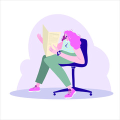 Cartoon vector illustration of man and woman reading books or newspaper sitting on many books. Flat vector illustration