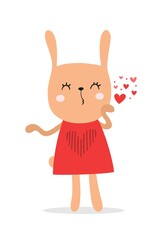 Cute little bunny kissing air. Happy Valentines day illustration. Love, couple, relationship, holiday, heart and kiss symbol